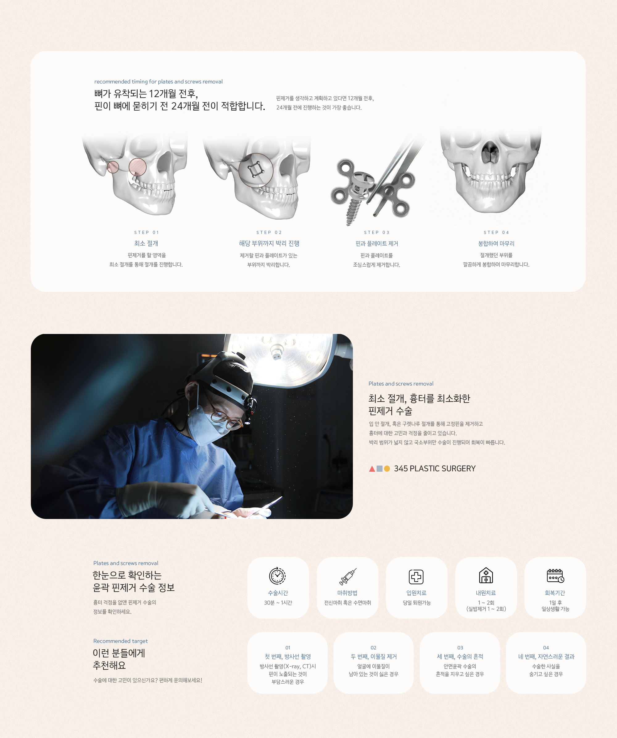 핀제거를 계획하고 있다면 뼈가 유착되는 12개월 전후, 핀이 뼈에 묻히기 전 24개월 전이 적합합니다. 입 안 절개, 혹은 구렛나루 최소 절개를 통해 고정핀을 제거하여 흉터에 대한 고민과 걱정을 줄이고 있습니다. 박리 범위가 넓지 않고 국소부위만 수술이 진행되어 회복이 빠릅니다.