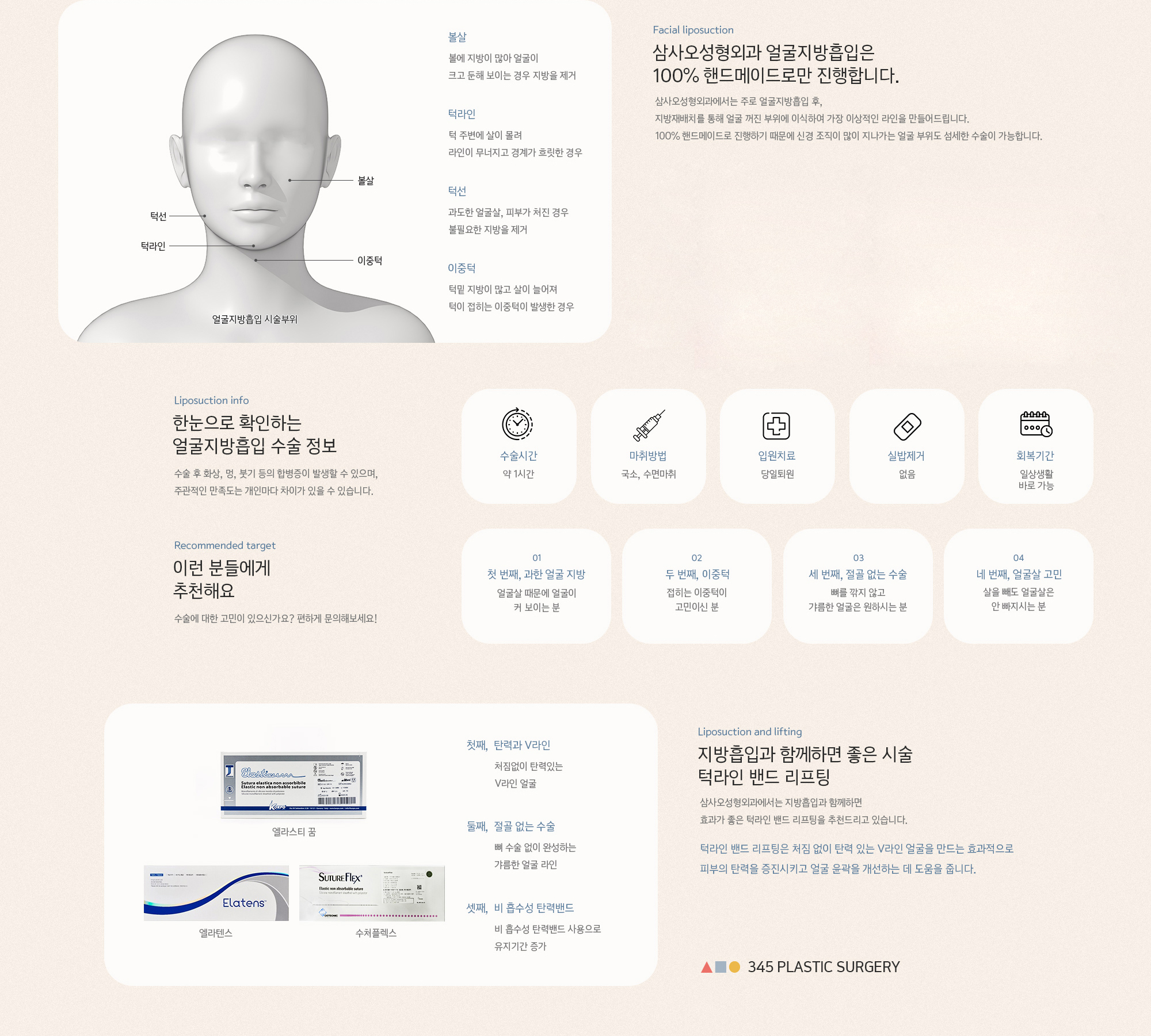삼사오성형외과 얼굴지방흡입은 100% 핸드메이드로만 진행합니다. 삼사오성형외과에서는 주로 얼굴지방흡입 후, 지방재배치를 통해 얼굴 꺼진 부위에 이식하여 가장 이상적인 라인을 만들어드립니다. 100% 핸드메이드로 진행하기 때문에 신경 조직이 많이 지나가는 얼굴 부위도 섬세한 수술이 가능합니다.