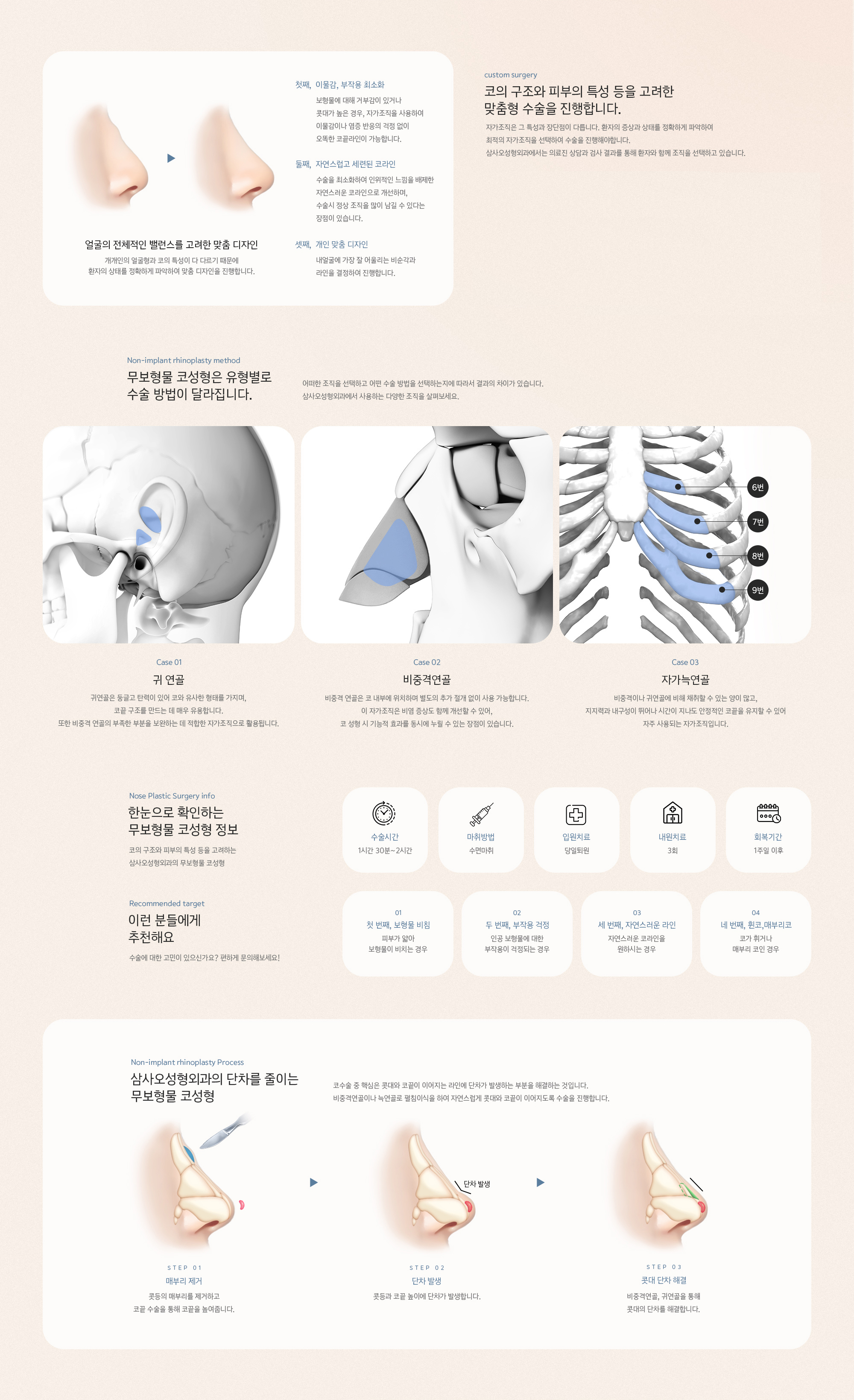 코의 구조와 피부의 특성 등을 고려한 맞춤형 수술을 진행합니다. 자가조직은 그 특성과 장단점이 다릅니다. 환자의 증상과 상태를 정확하게 파악하여 최적의 자가조직을 선택하여 수술을 진행해야합니다. 삼사오성형외과에서는 의료진 상담과 검사 결과를 통해 환자와 함께 조직을 선택하고 있습니다.